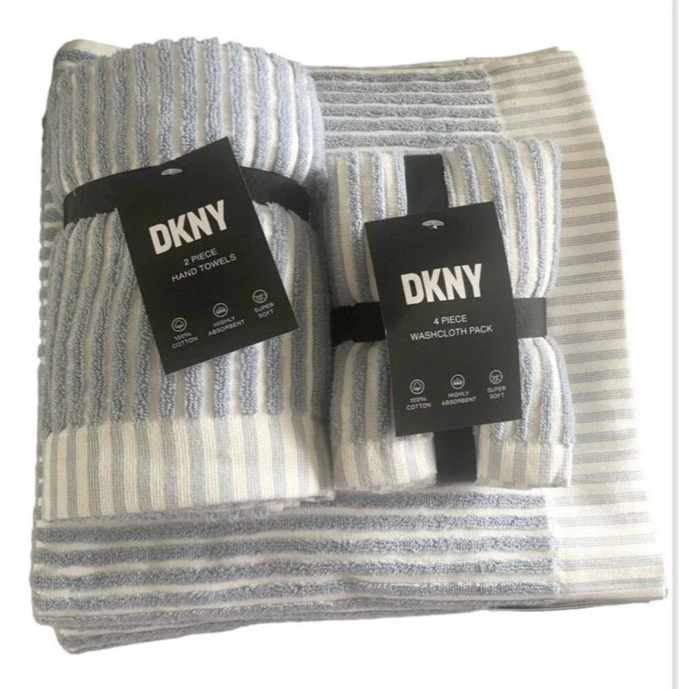 DKNY Cabana Striped 8 Pc Towel Set Blue White 2 Bath Towels 2 Hand 4 Washcloth